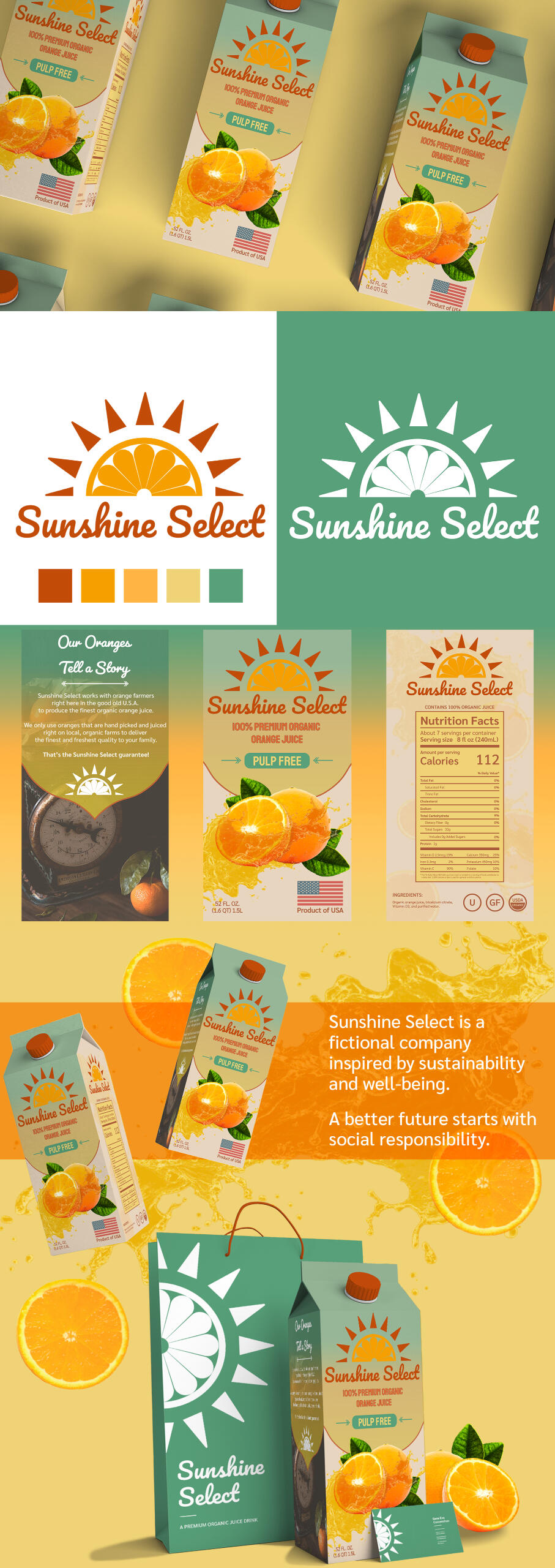 Sunshine Select- Packaging Design Orange juice packaging design featuring vibrant colors and a fresh, modern layout with a clear image of an orange and a splash of juice.