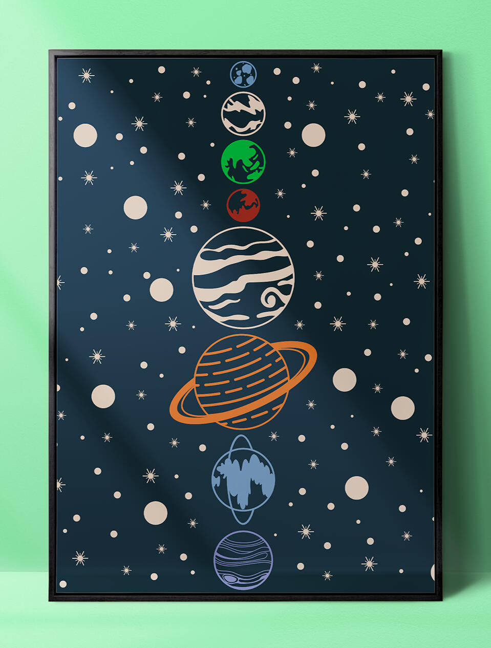 Vector art of the solar system including all of the planet, stars, and galaxy design against a dark blue background. The artwork is in a black frame against a green background.