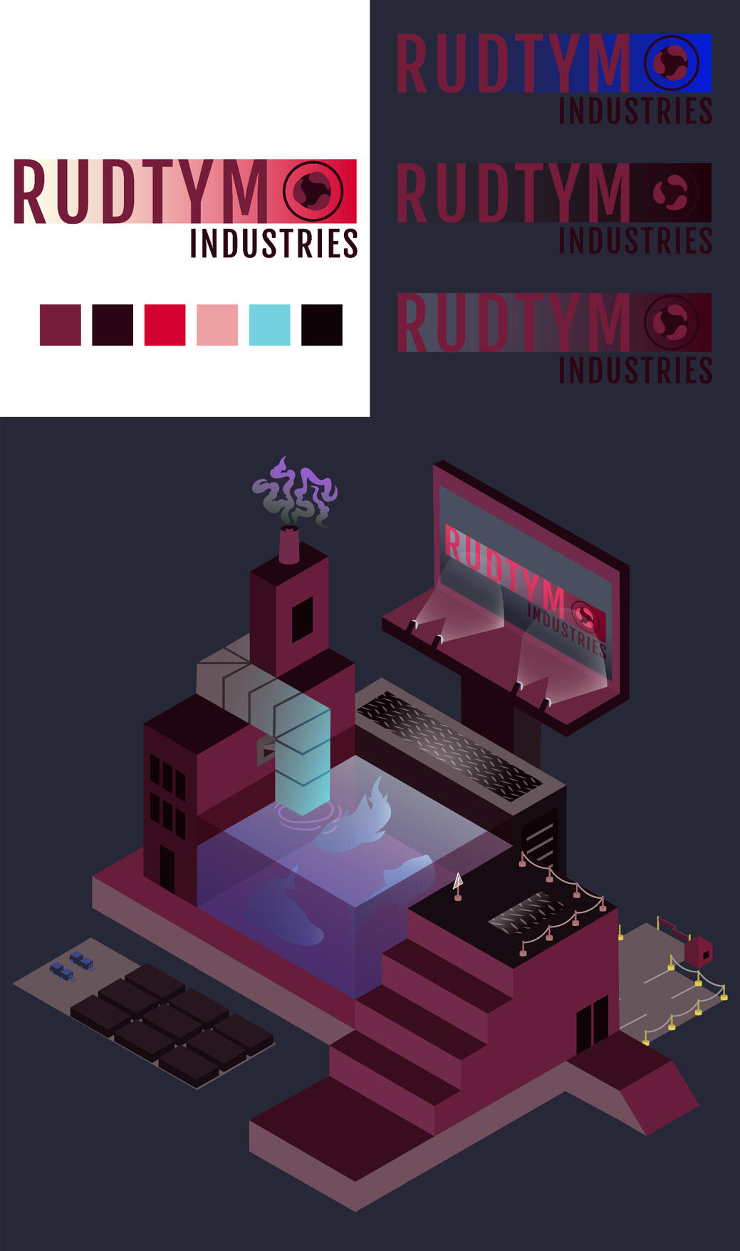 Logo and isometric design for Rudtym Industries, featuring a dark and rigid color palette with stylized typography and visual elements.