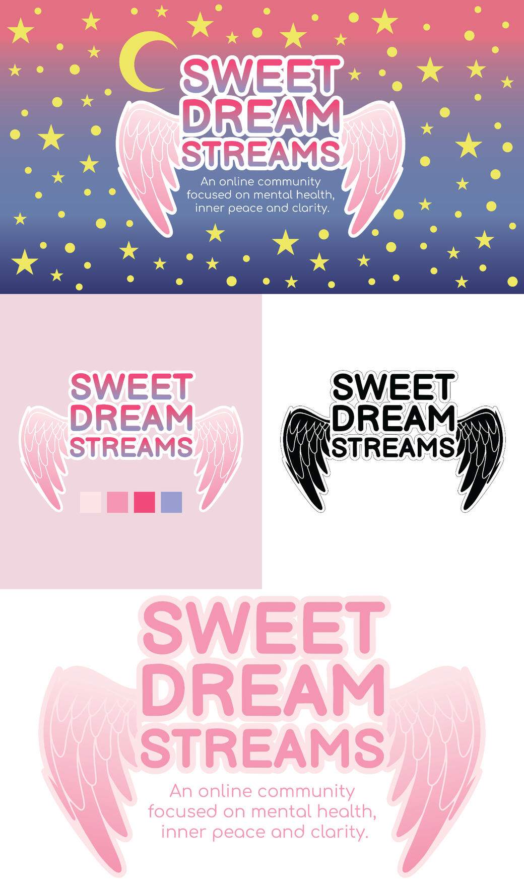 Logo and branding design for Sweet Dream Streams, featuring a dreamy, calming color palette with stylized typography and visual elements that evoke relaxation and tranquility.