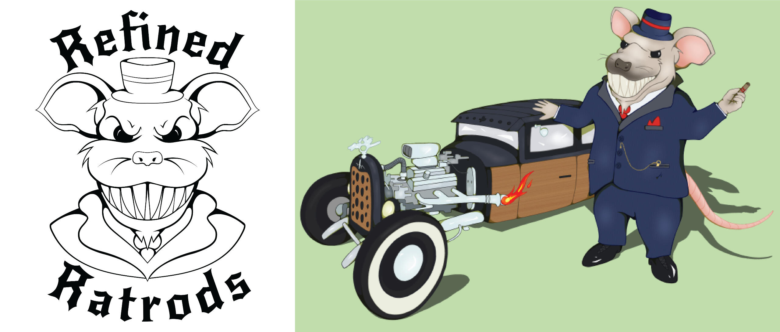 Refined Ratrods Logo & Illustration Logo and illustration design for Refined Ratrods, featuring an menacing and simplified rat character next to a car.